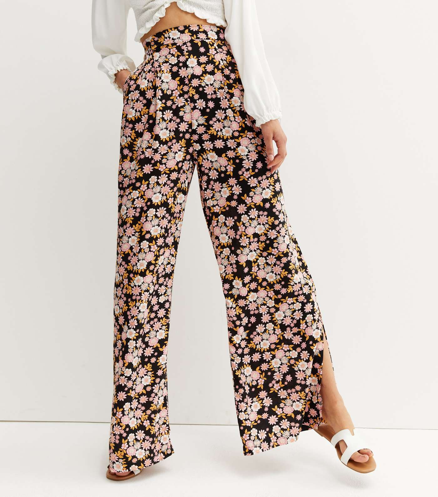 Tall Black Retro Floral Split Flared Trousers Image 2