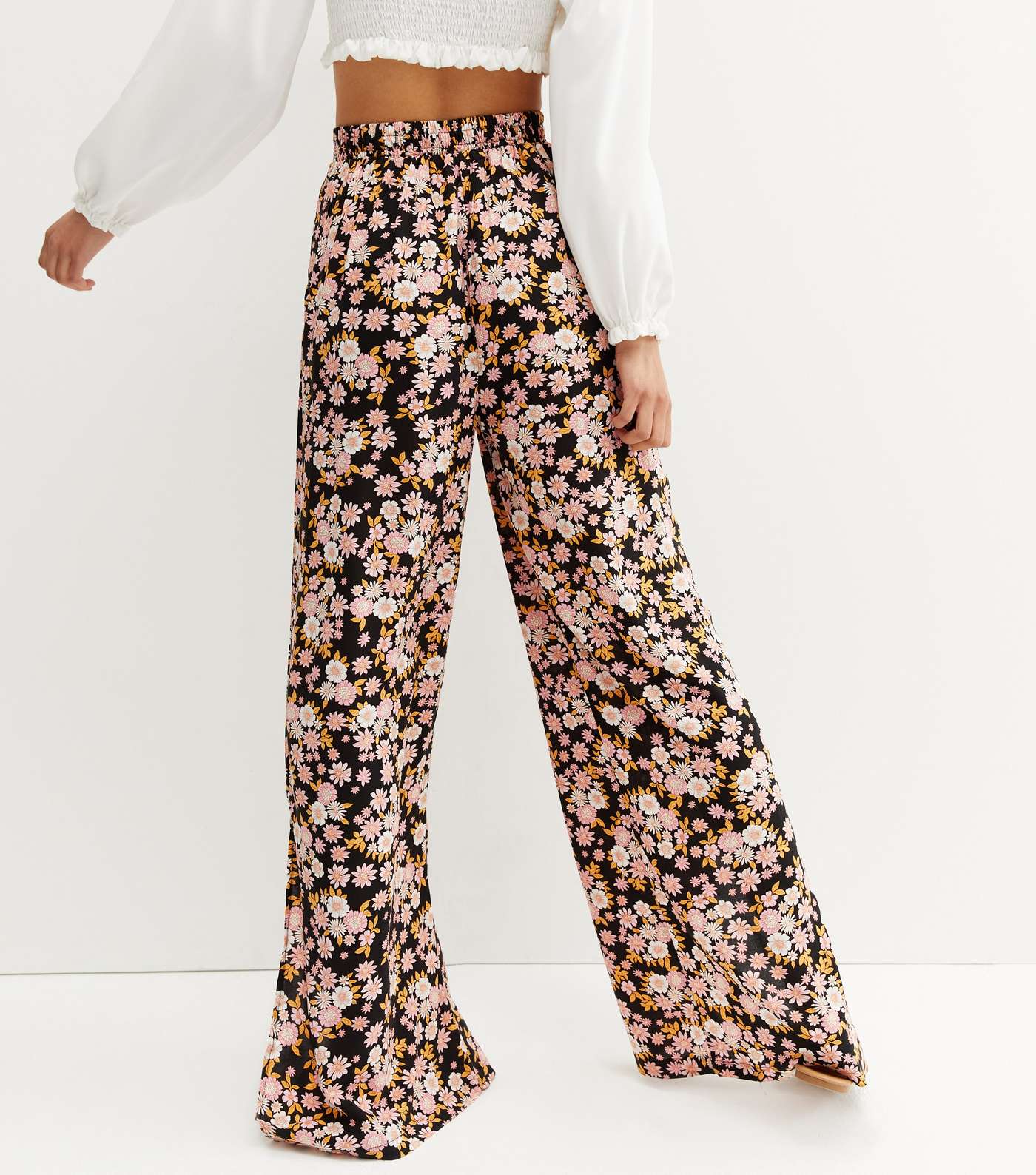 Tall Black Retro Floral Split Flared Trousers Image 4