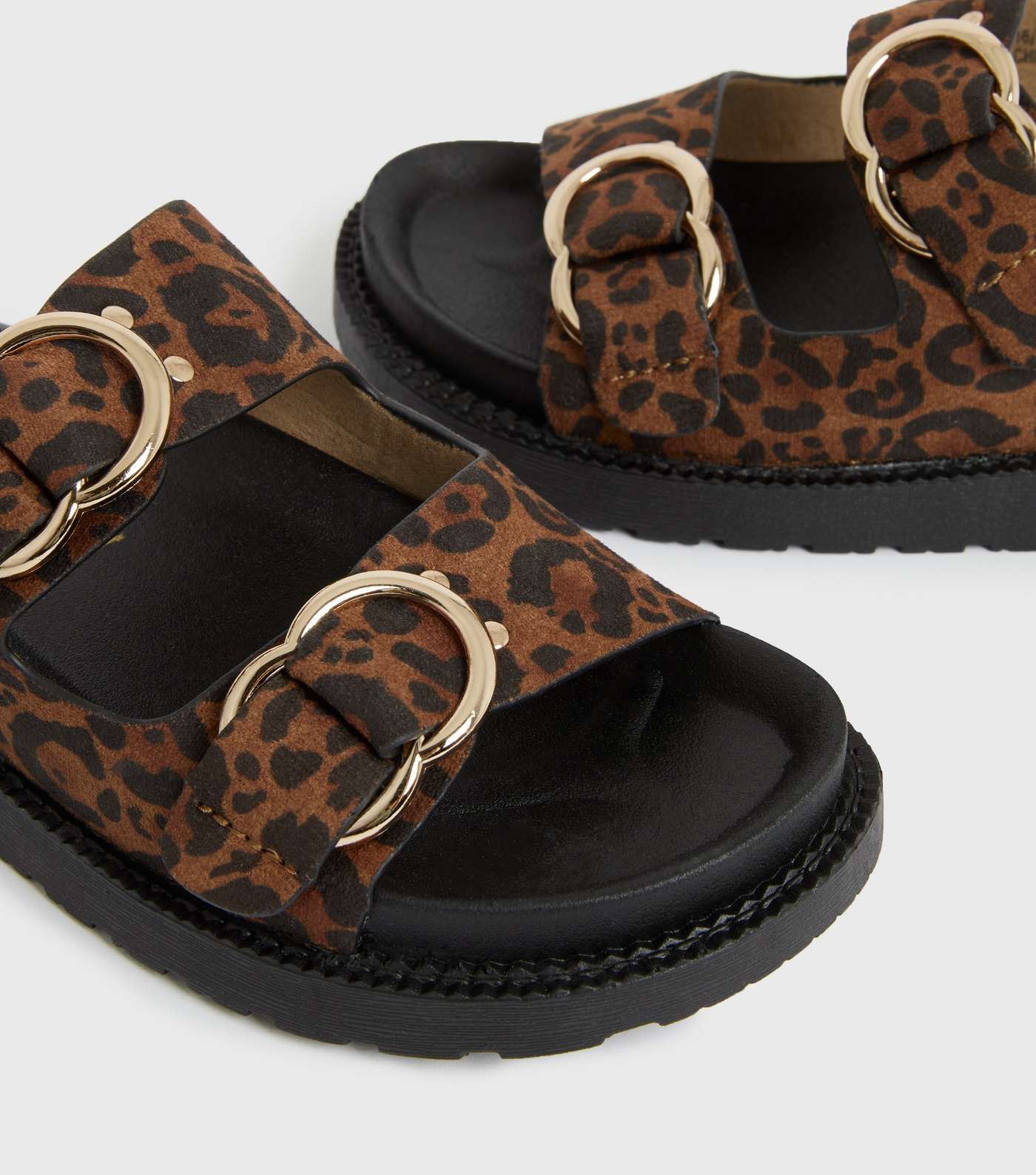 Girls Brown Leopard Print Suedette Chunky Sliders Image 4
