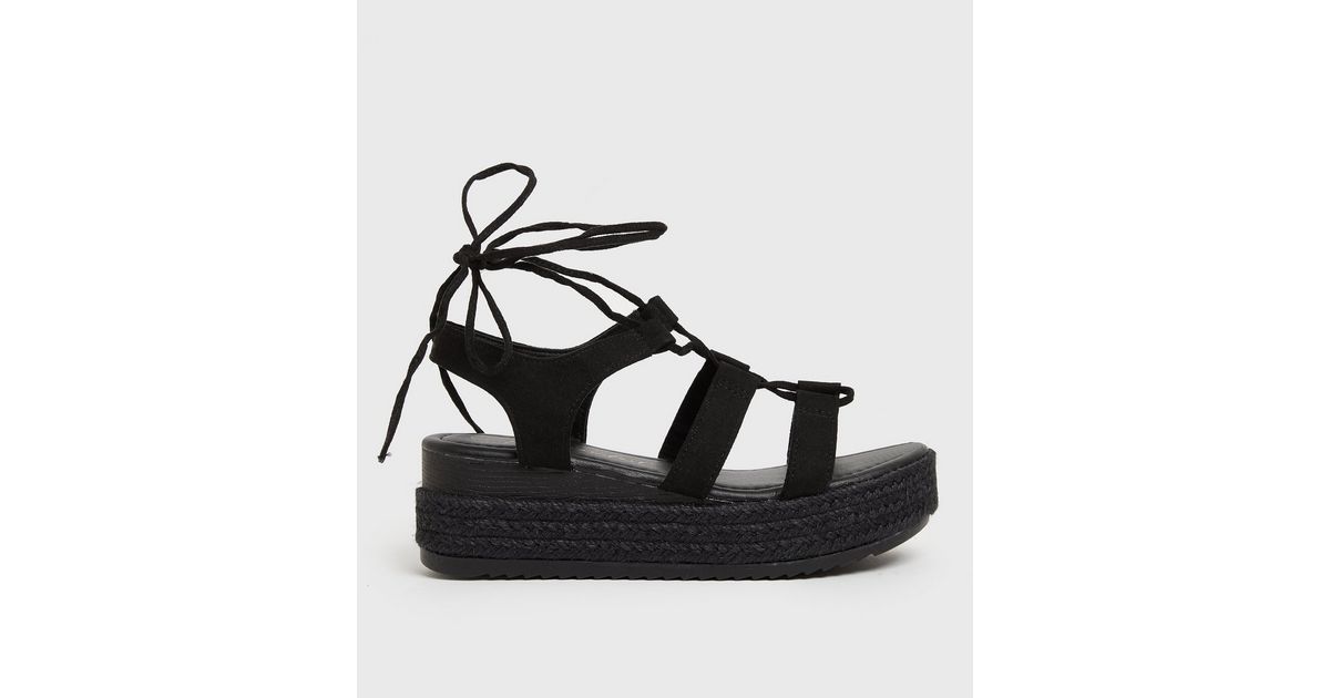 Black Ankle Tie Chunky Sandals New Look
