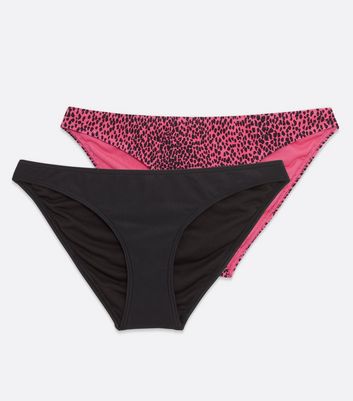 2 Pack Black And Pink Animal Print Hipster Bikini Bottoms New Look