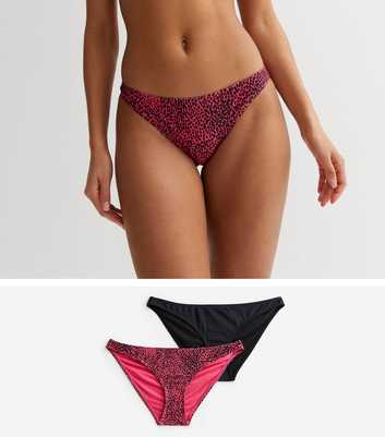2 Pack Black and Pink Leopard Print Hipster Bikini Bottoms