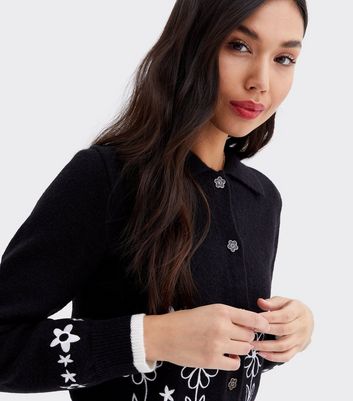 Black Floral Embroidered Collared Cardigan New Look