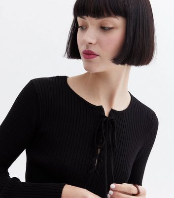 Black Ribbed Lace Up Long Sleeve Jumper 
