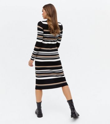 Black Stripe Knit Button Front Midi Dress New Look