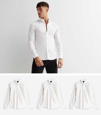 3 Pack White Poplin Long Sleeve Muscle Fit Shirts
