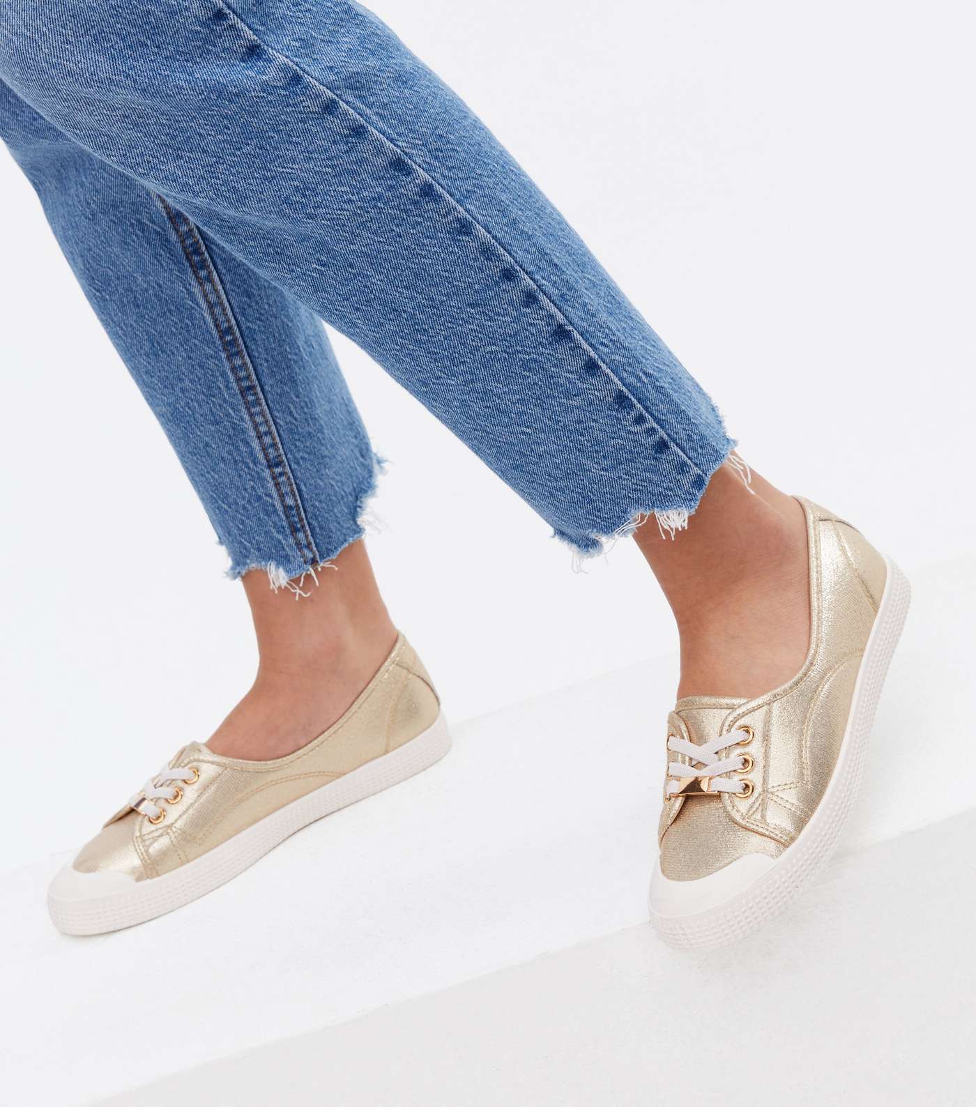 Gold Metallic Lace Up Trainers Image 2