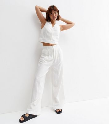 White Linen Look Palazzo Beach Trousers  PrettyLittleThing