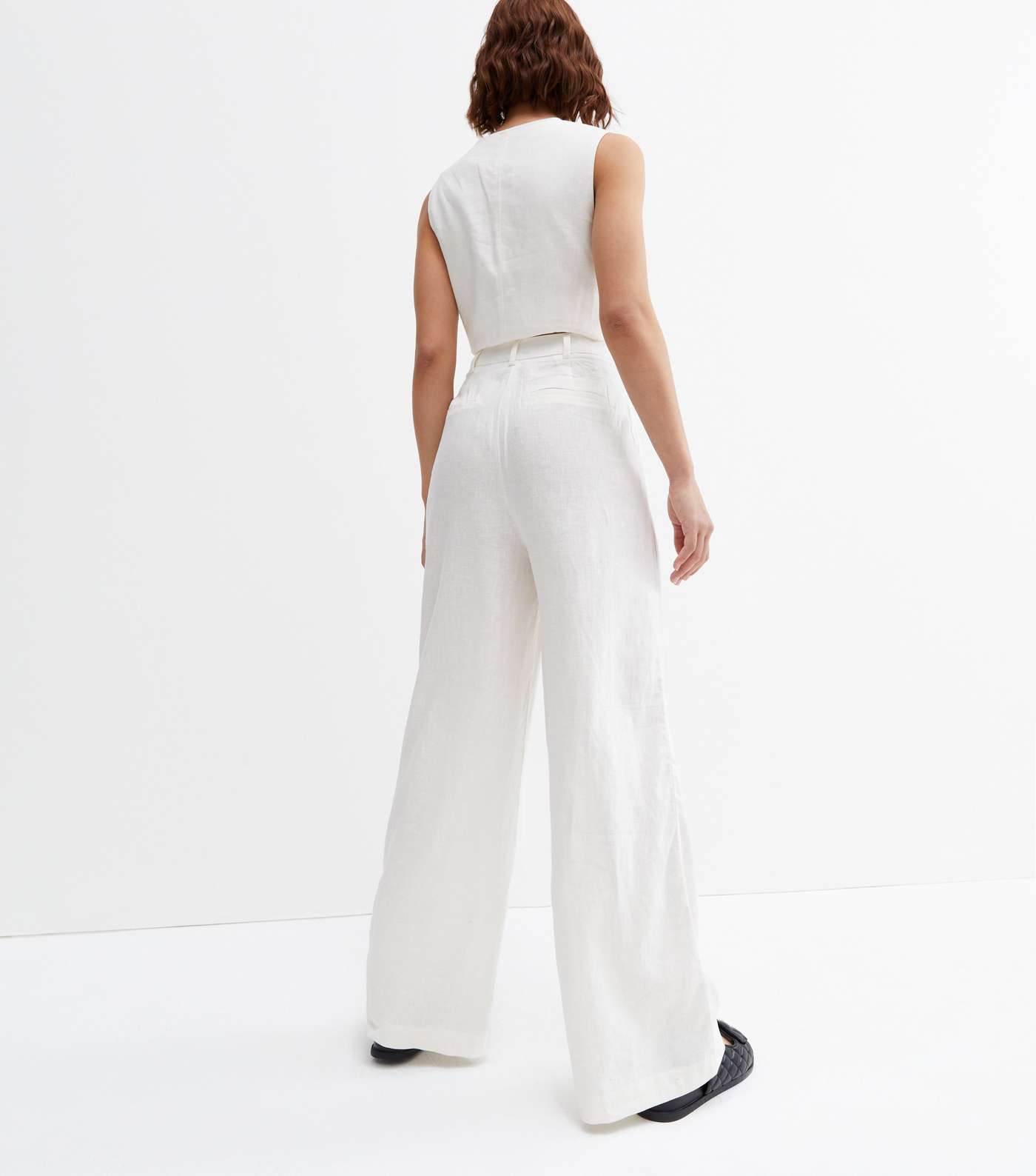 Off White Linen Look Wide Leg Trousers Image 4