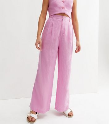 Bright Pink Plissé High Waist Trousers  New Look