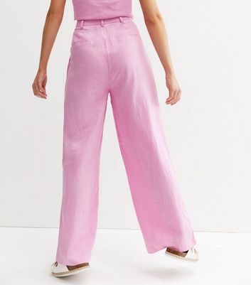 Hot Pink Linen Button Front Wide Leg Trousers  Designer Desirables