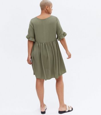 Curves Khaki Herringbone Button Front Frill Mini Smock Dress New Look