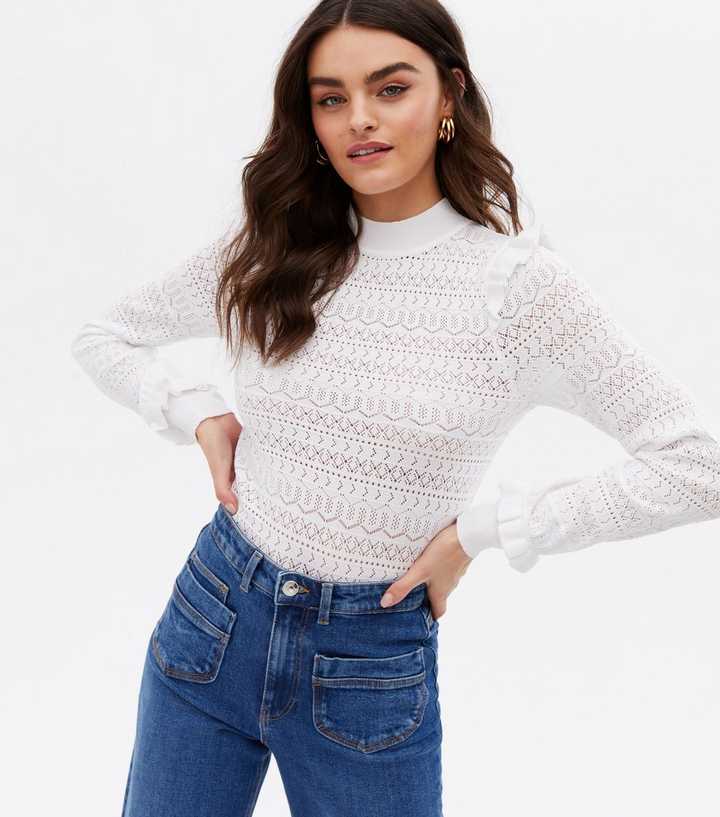 White Pointelle Knit Frill Jumper