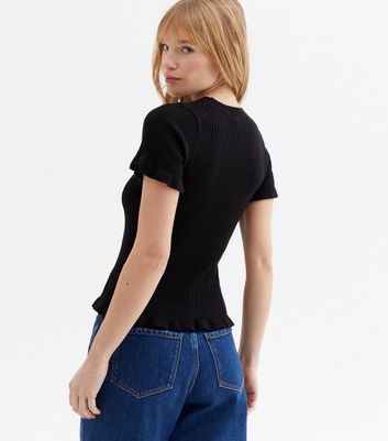 Click to view product details and reviews for Black Ribbed Knit Frill Short Sleeve Top New Look.