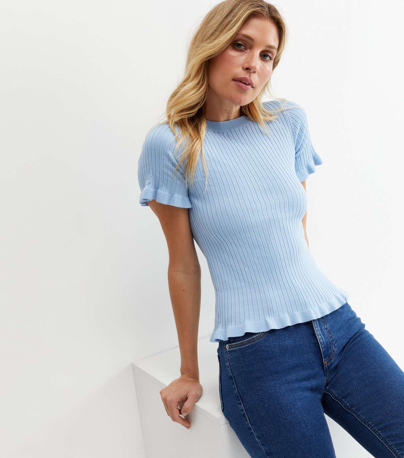 Pale Blue Ribbed Knit Frill Short Sleeve Top