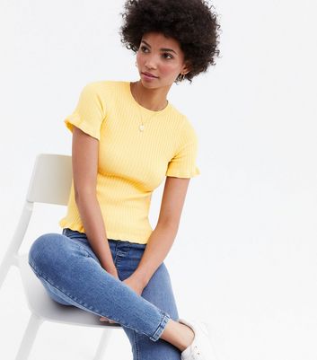 Click to view product details and reviews for Mustard Ribbed Knit Frill Short Sleeve Top New Look.