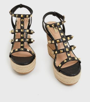 Black studded wedge sandals hot sale