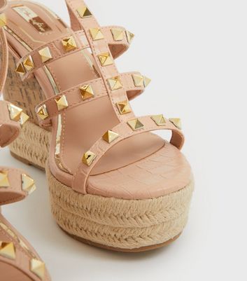 Little Mistress Pale Pink Stud Espadrille Wedges