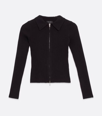 Black Ribbed Collared Double Zip Front Top New Look