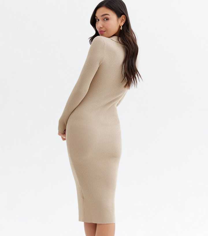 Cream Ribbed Knit Bodycon Midi Dress