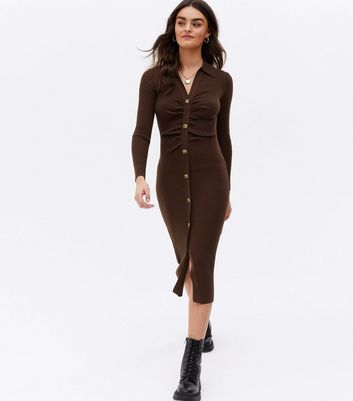 brown ribbed button dress