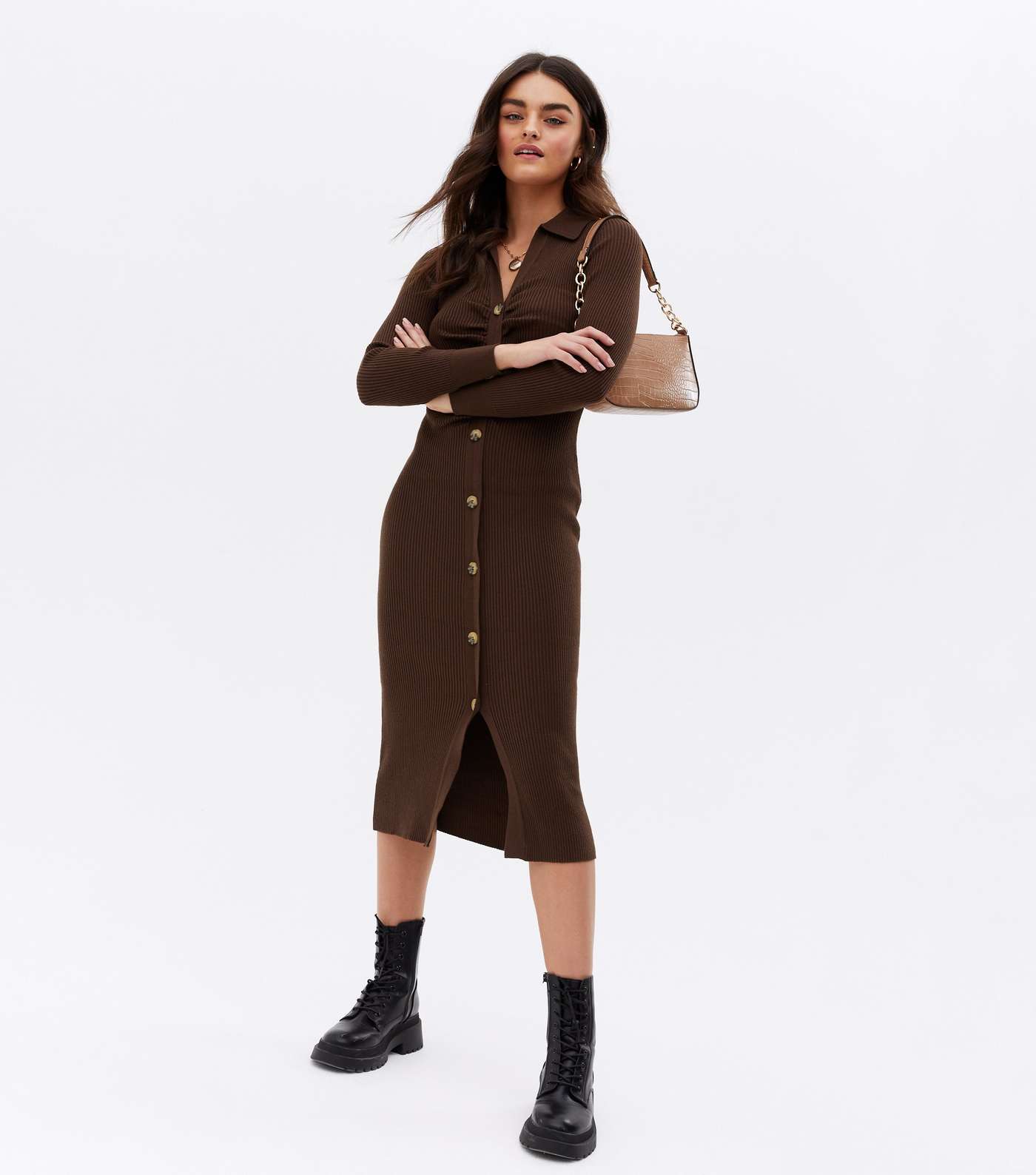 Brown Ruched Button Front Collared Midi Dress Image 2