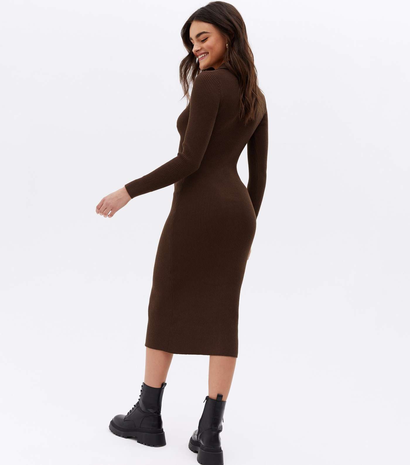 Brown Ruched Button Front Collared Midi Dress Image 4