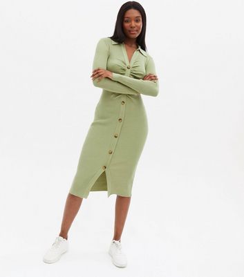 Light Green Ruched Button Front Collared Midi Dress
