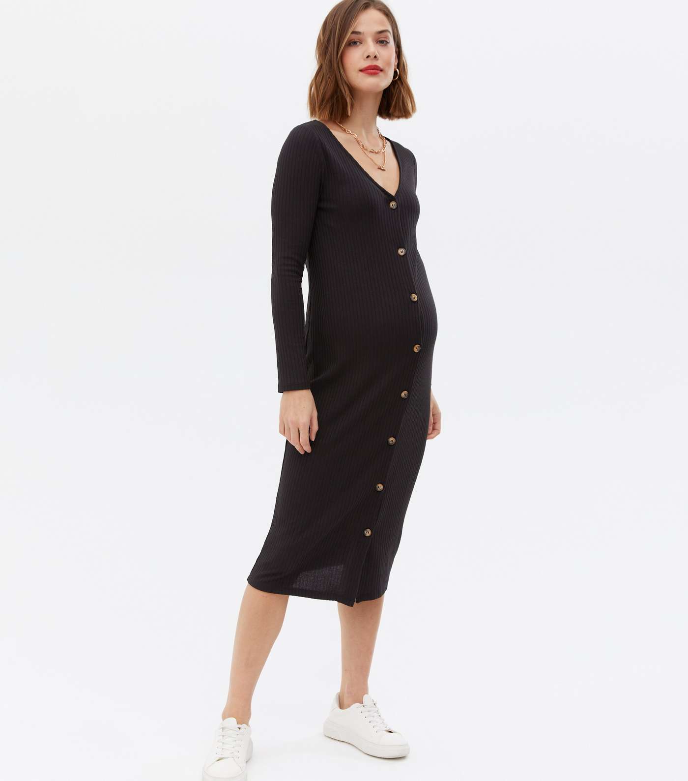 Maternity Black Ribbed Button Front Midi Dress