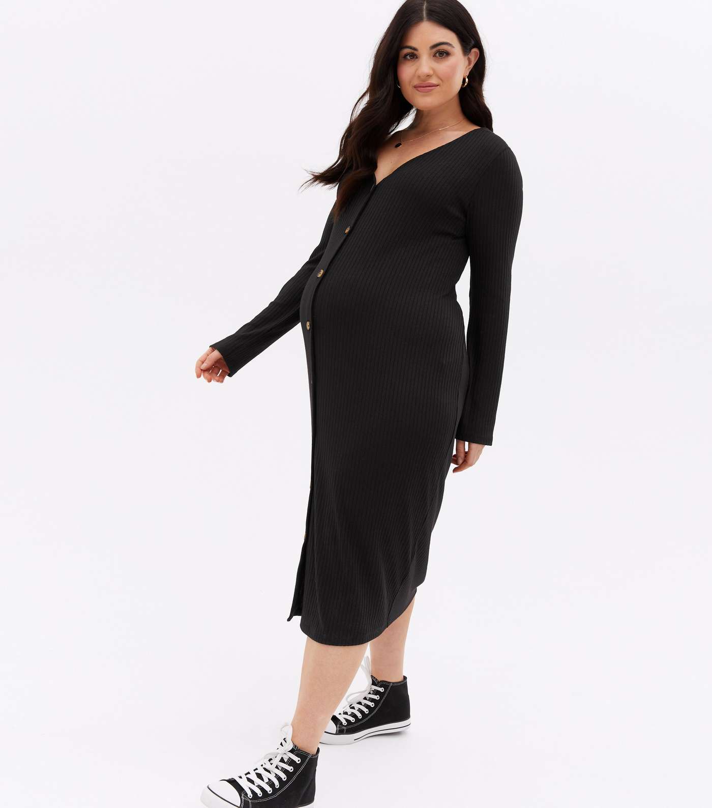 Maternity Black Ribbed Button Front Midi Dress Image 3