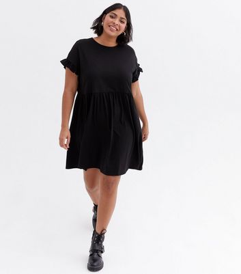 Damen Bekleidung Curves Black Jersey Frill Mini Smock Dress
