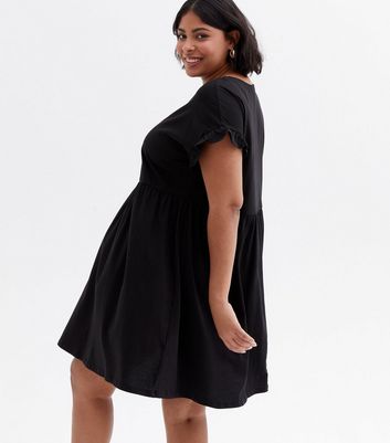 Damen Bekleidung Curves Black Jersey Frill Mini Smock Dress