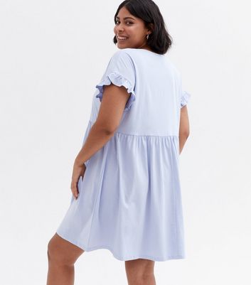 Curves Pale Blue Jersey Frill Mini Smock Dress New Look