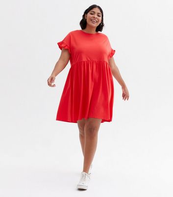 Curves Red Jersey Frill Mini Smock Dress New Look