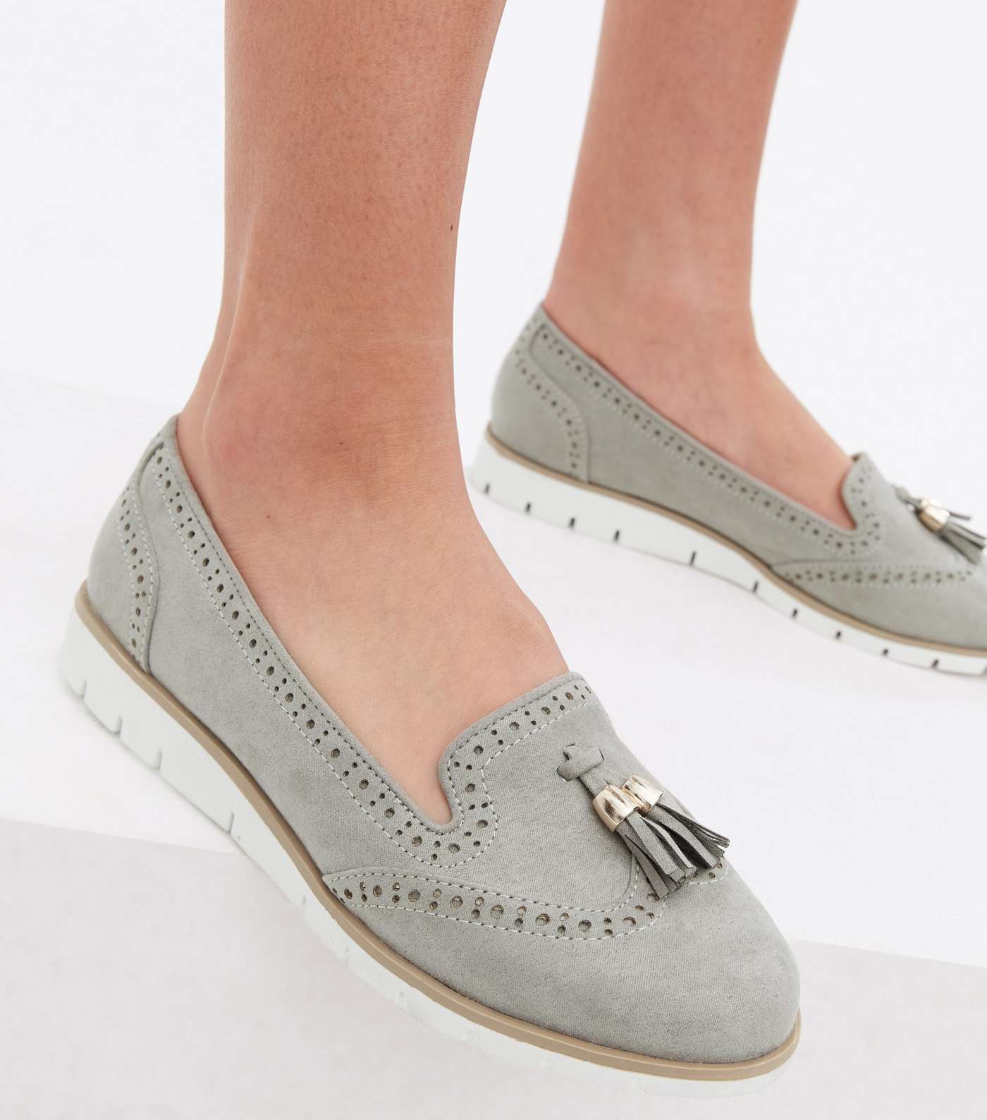 Wide Fit Grey Suedette Tassel Wedge Loafers Image 2