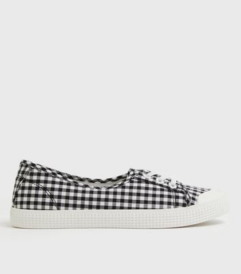 Click to view product details and reviews for Black Gingham Slip On Lace Up Trainers New Look Vegan.