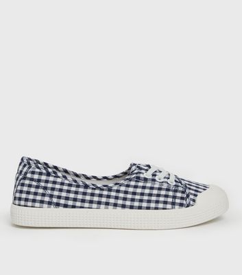 Navy Gingham Slip On Lace Up Trainers New Look