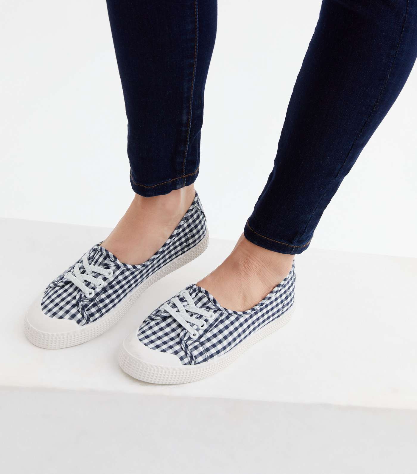 Navy Gingham Slip On Lace Up Trainers Image 2