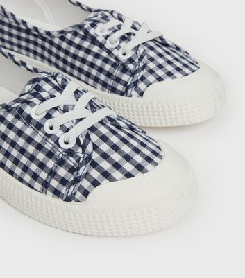 Click to view product details and reviews for Navy Gingham Slip On Lace Up Trainers New Look Vegan.