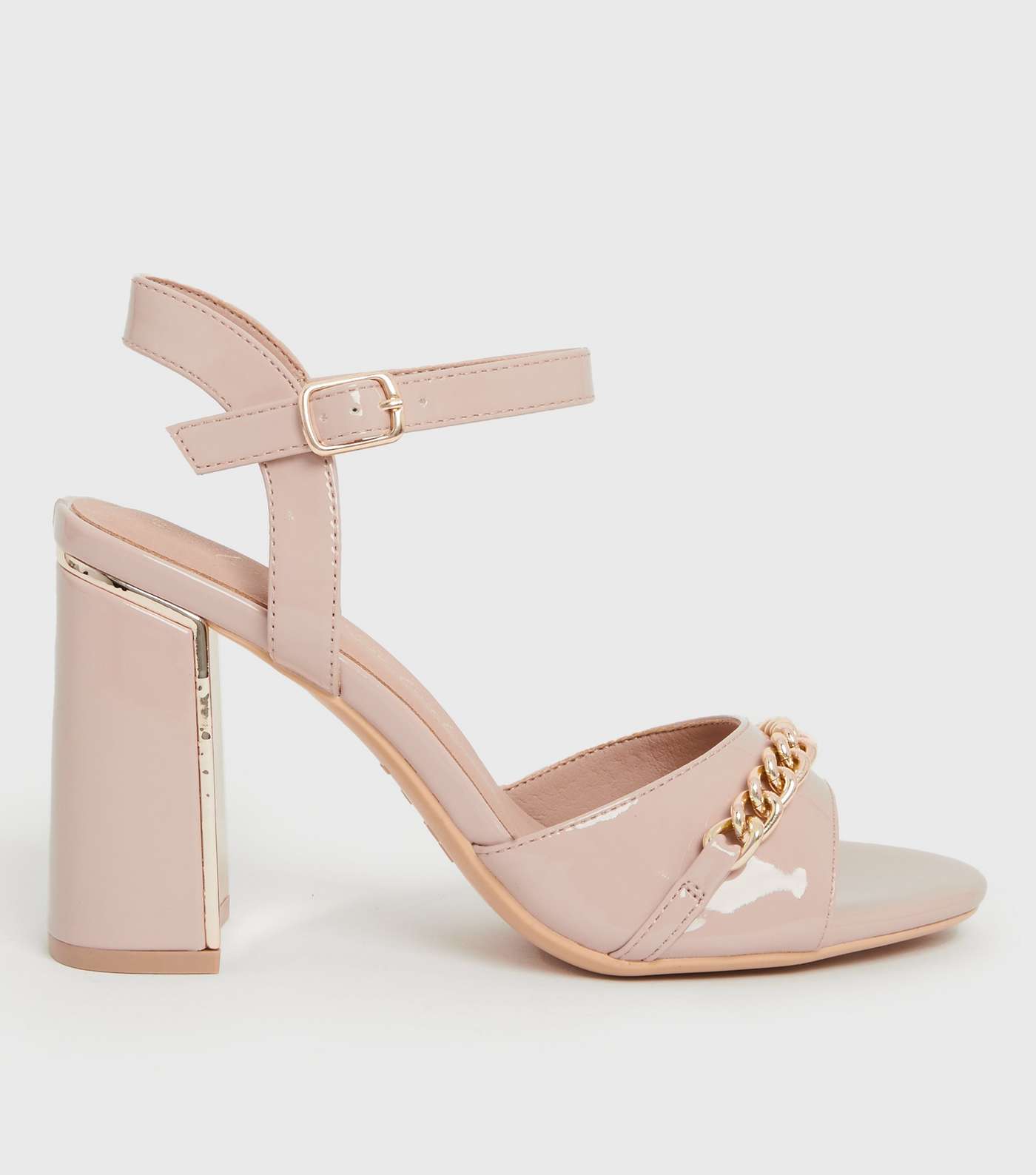 Pale Pink Patent Chain Block Heel Sandals