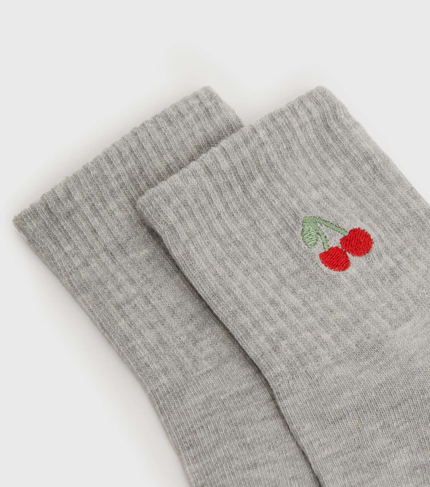 Grey Cherry Embroidered Ribbed Socks Image 2