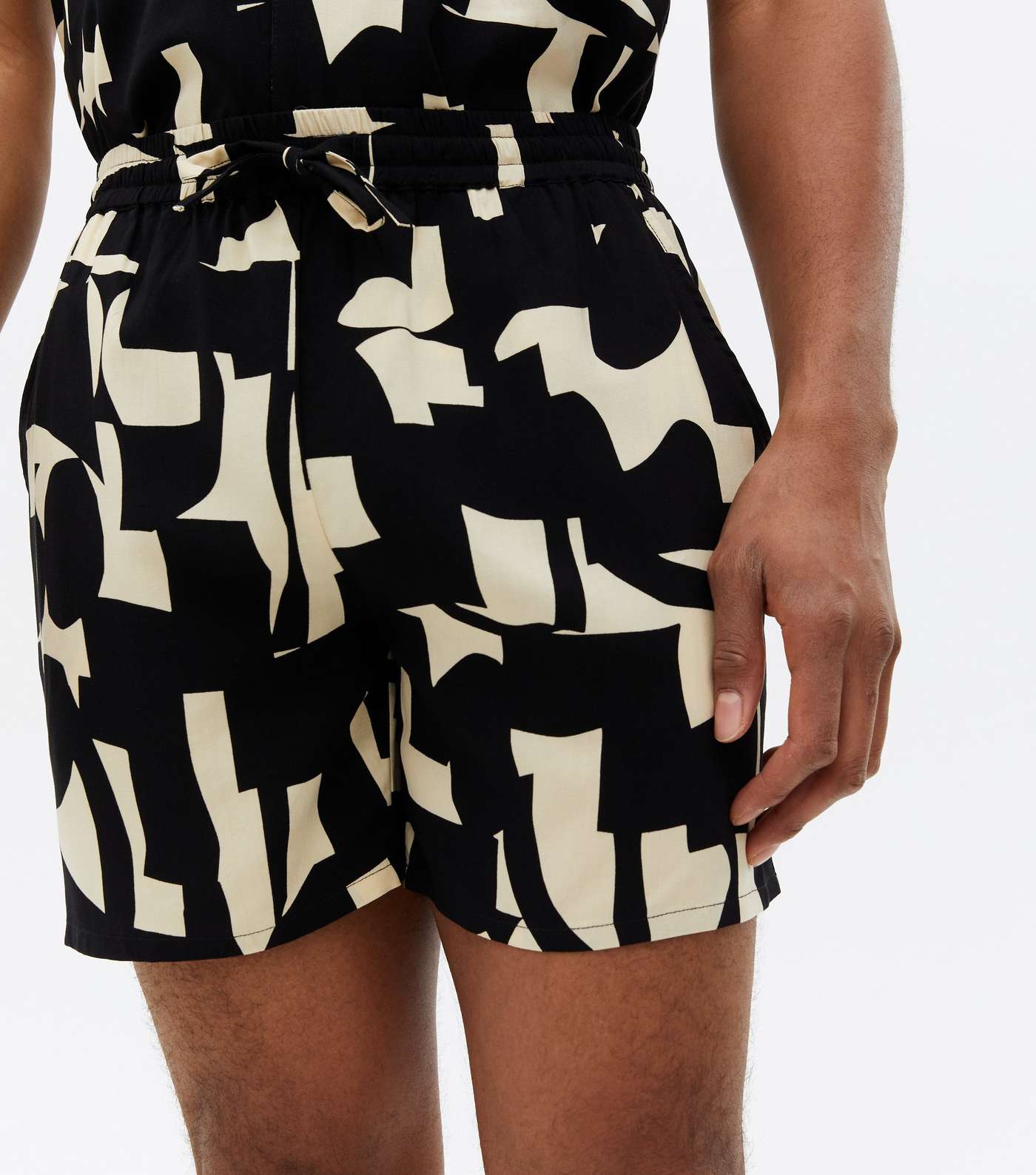 Black Abstract Tie Waist Shorts Image 3