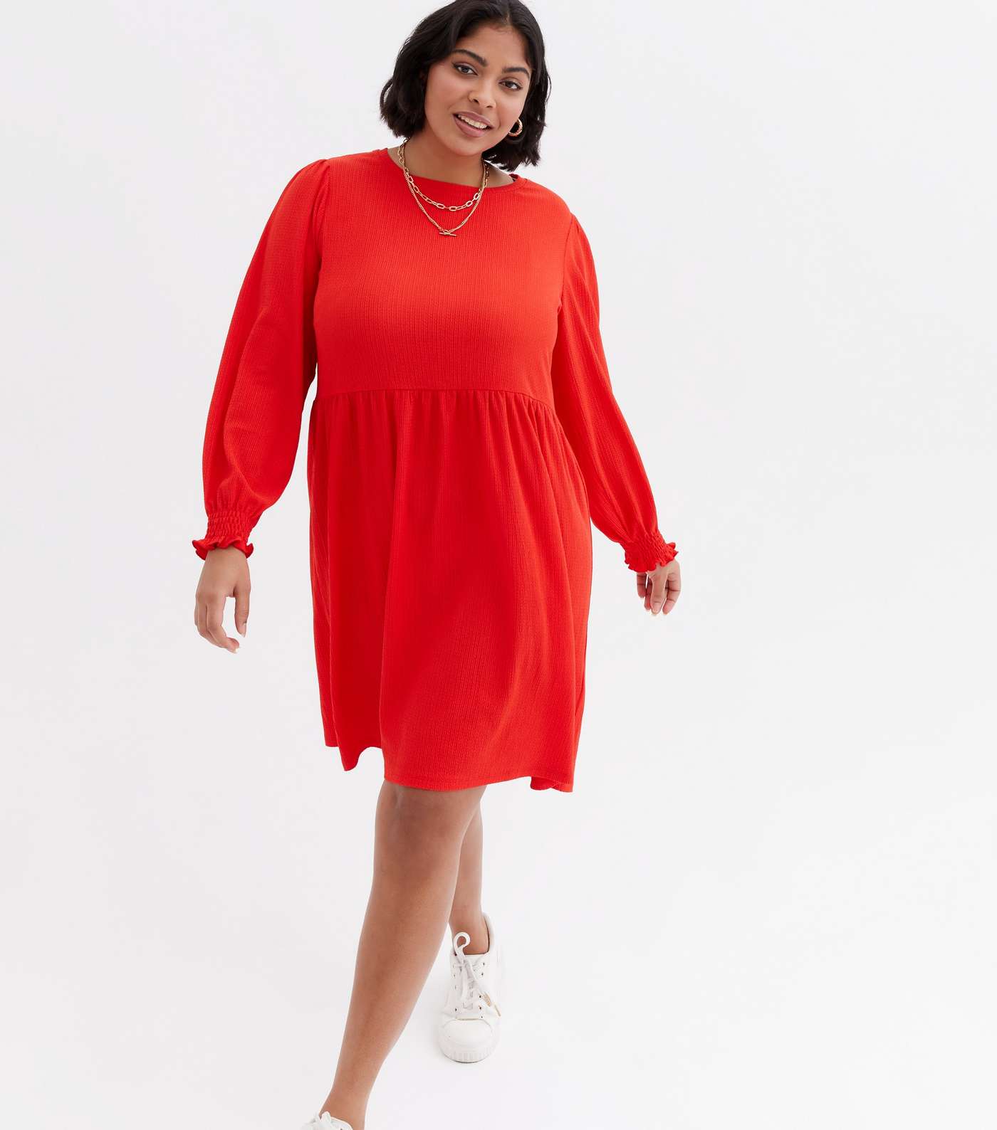 Curves Red Crinkle Jersey Long Sleeve Mini Smock Dress