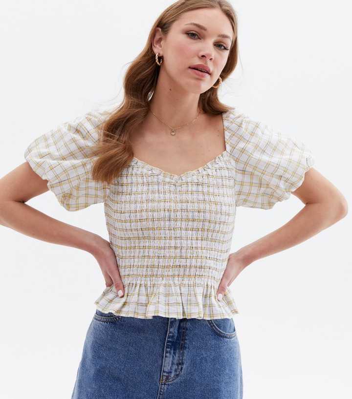 White Check Sweetheart Puff Sleeve Peplum Blouse
