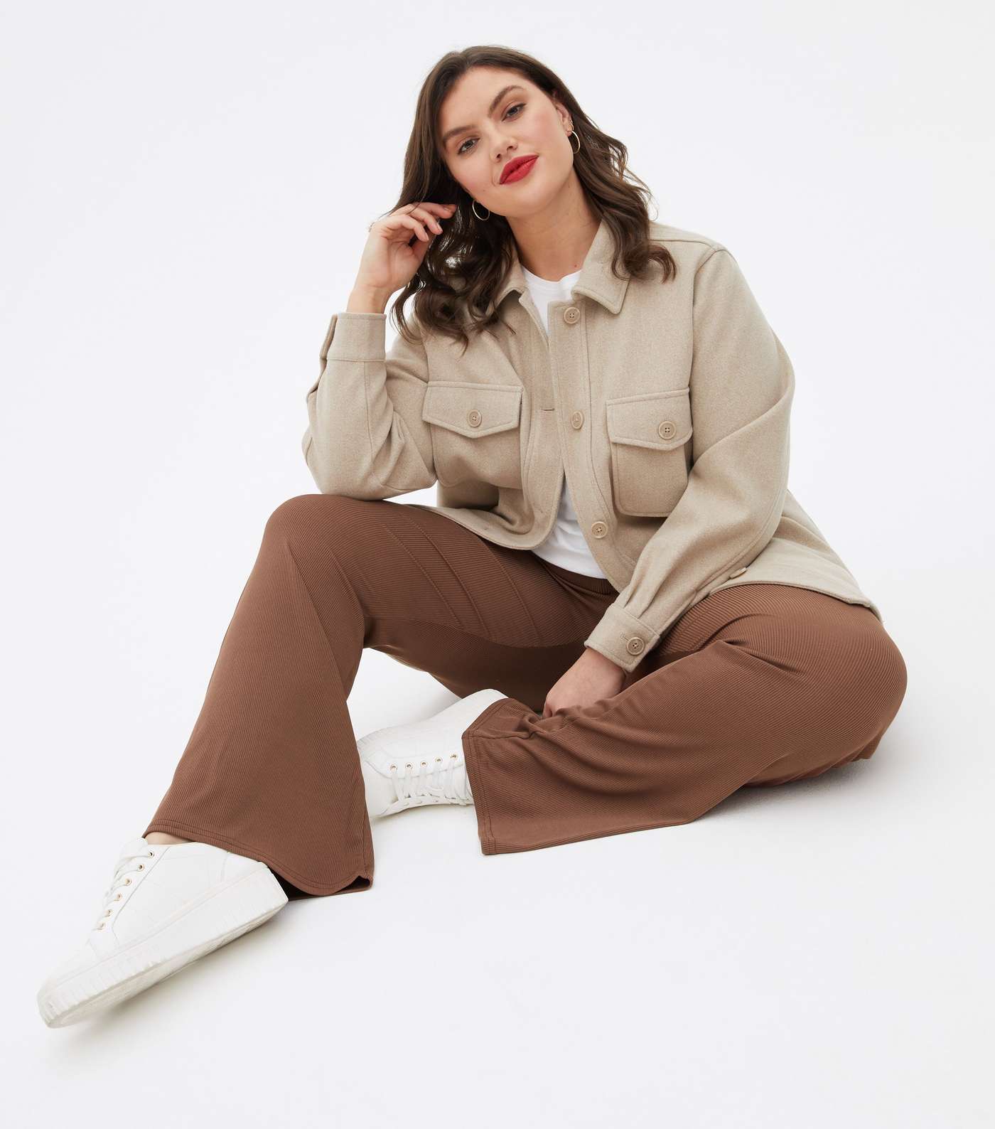 Curves Dark Brown Ribbed Jersey Wide Leg Trousers