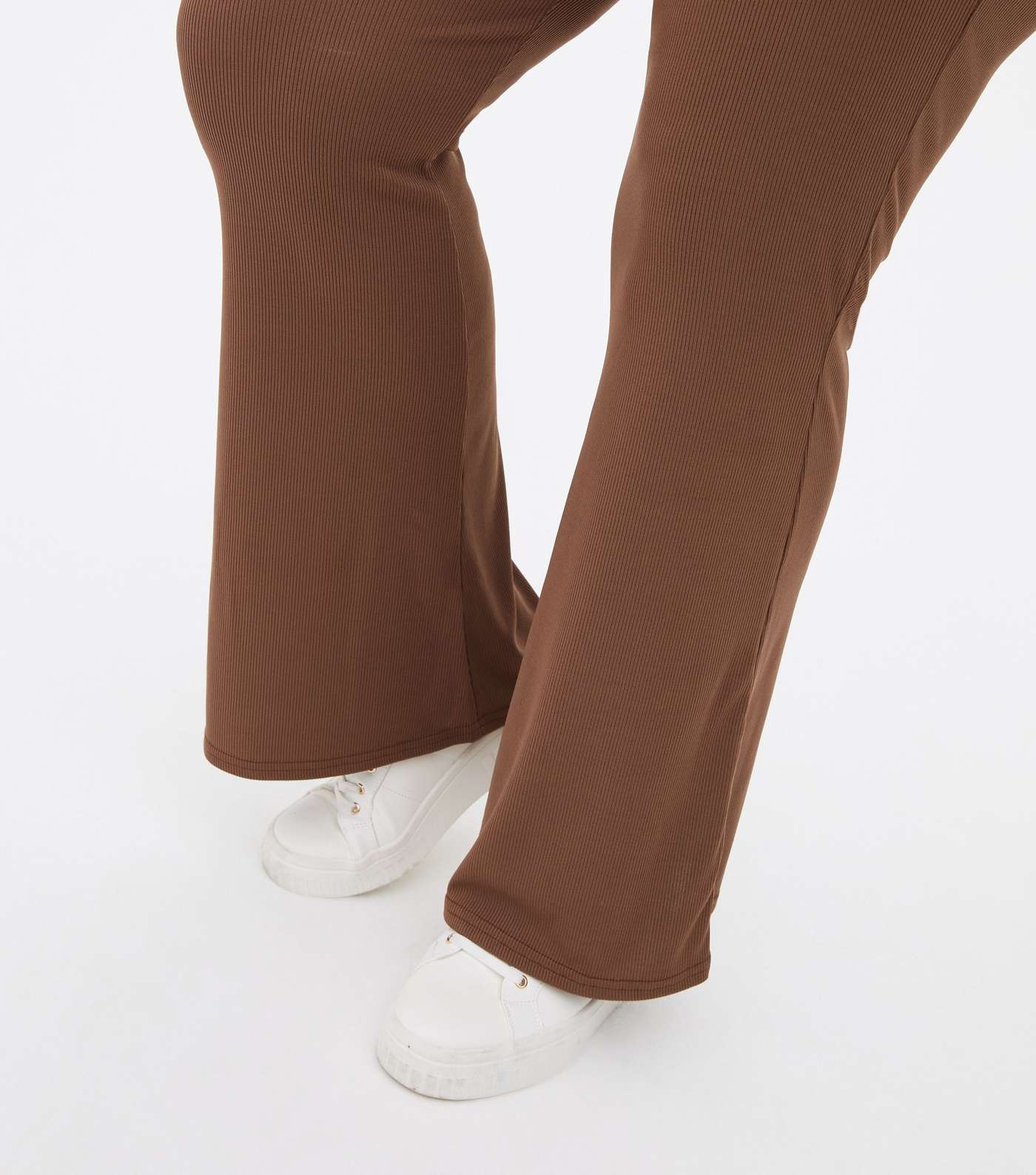 Curves Dark Brown Ribbed Jersey Wide Leg Trousers Image 3
