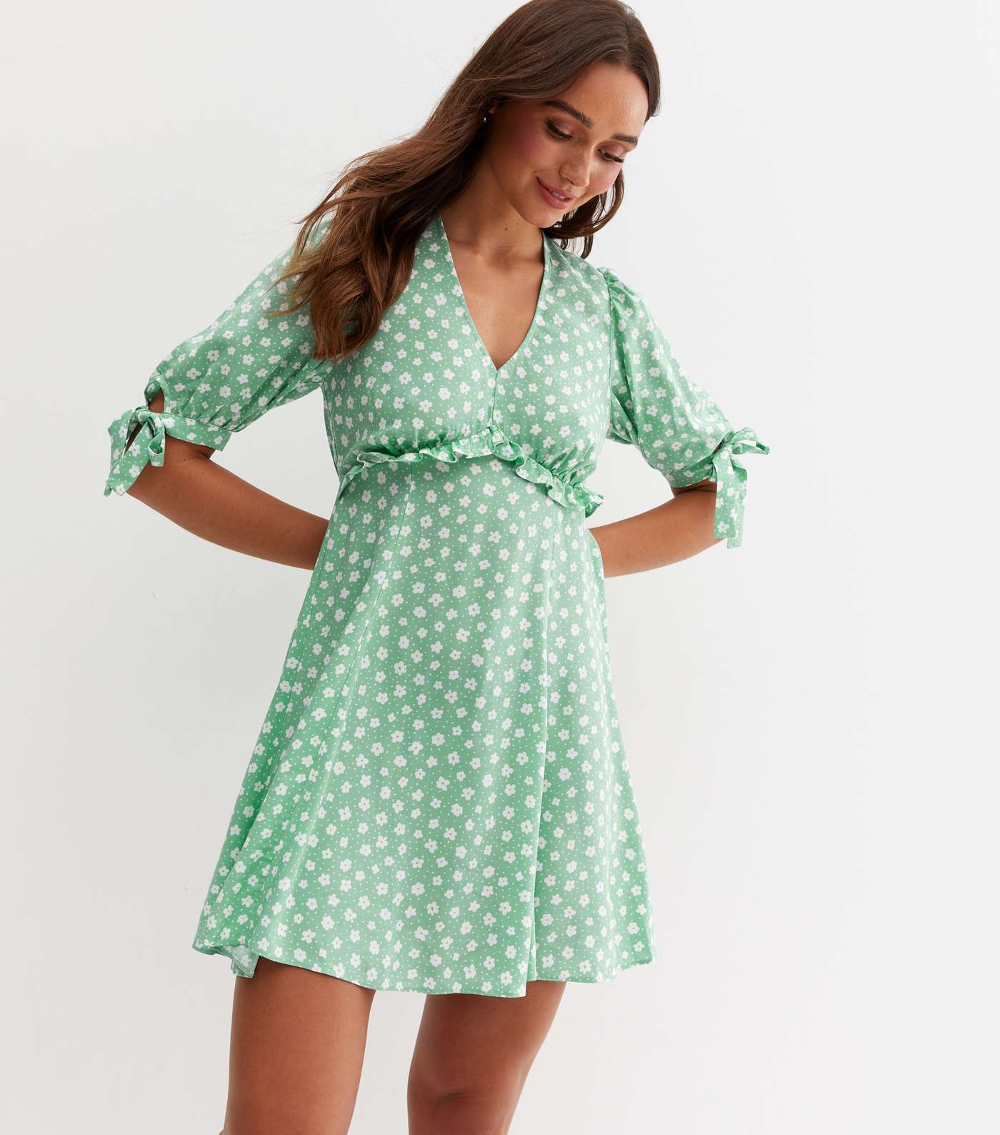 Green Ditsy Floral Frill Mini Dress