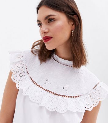 White Broderie Frill Yoke High Neck Blouse New Look