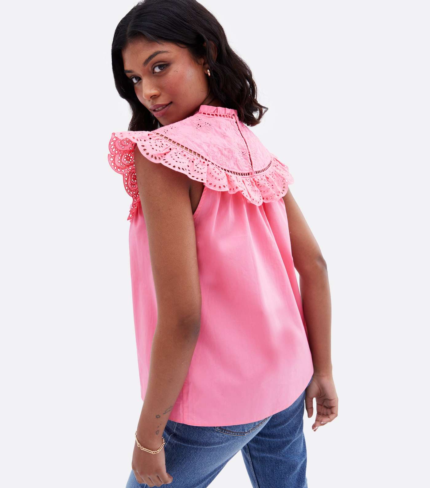 Bright Pink Broderie Frill Yoke High Neck Blouse Image 4