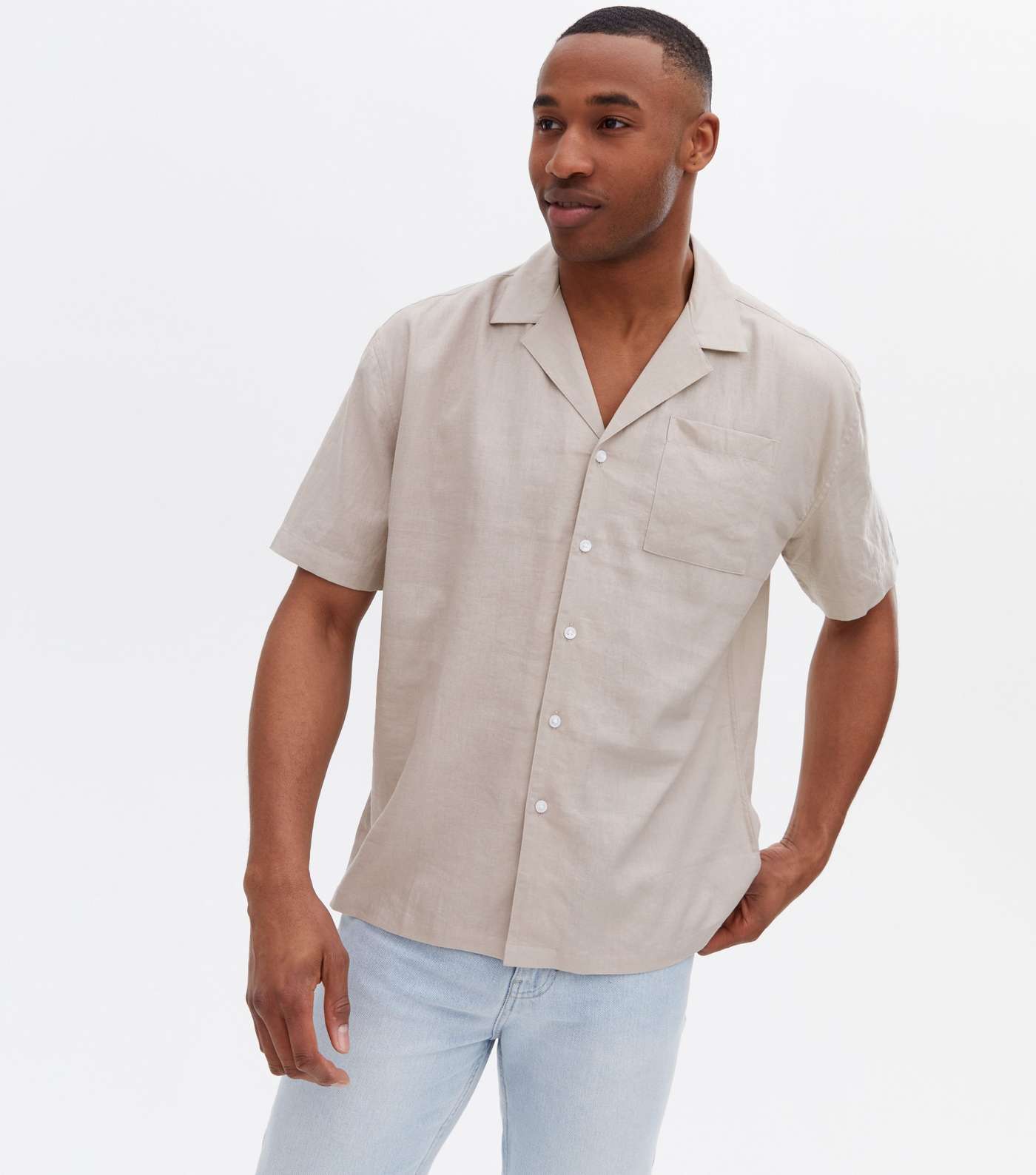 Stone Linen Blend Oversized Short Sleeve Shirt